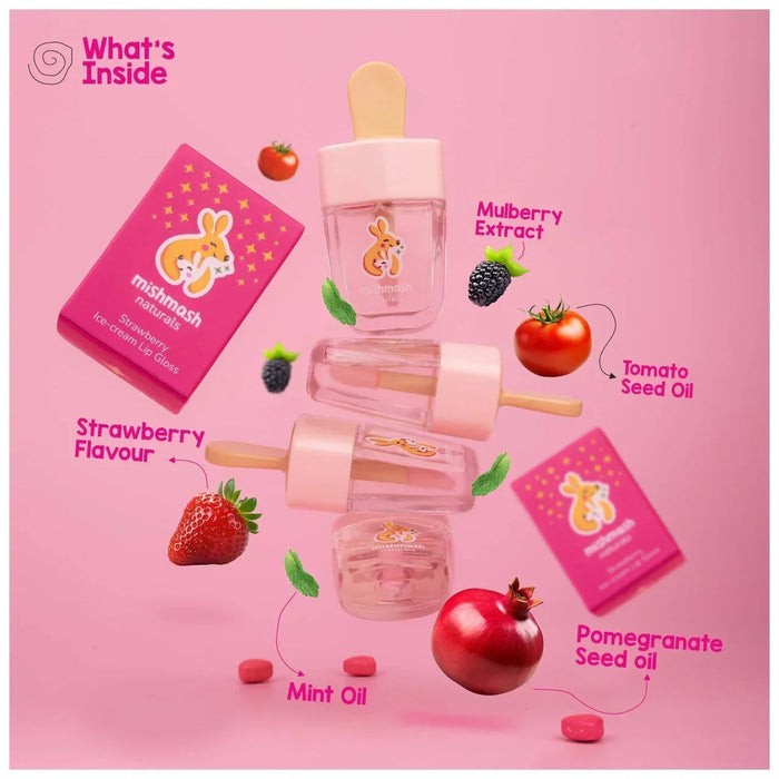 Illustration of a pink ice cream with ingredients labeled on a pink background