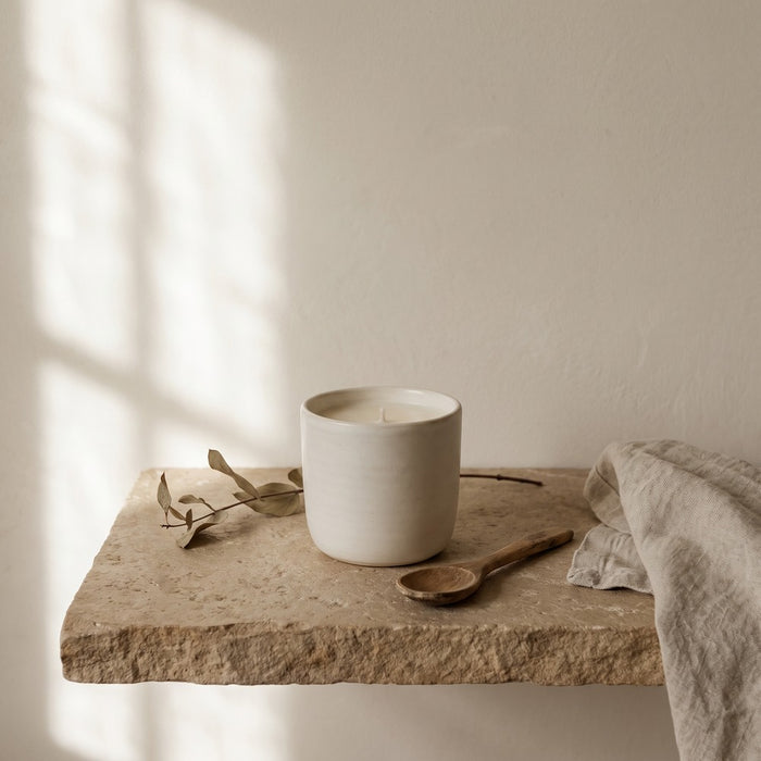 Na Nin Off White Ceramic Candle, styled at home