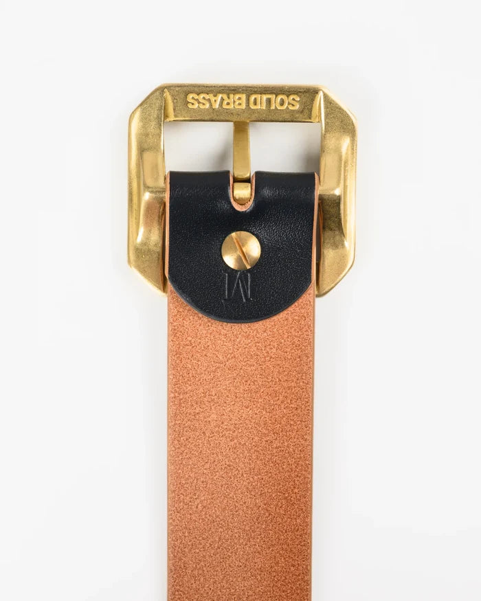 Brown leather belt with gold buckle on a white background