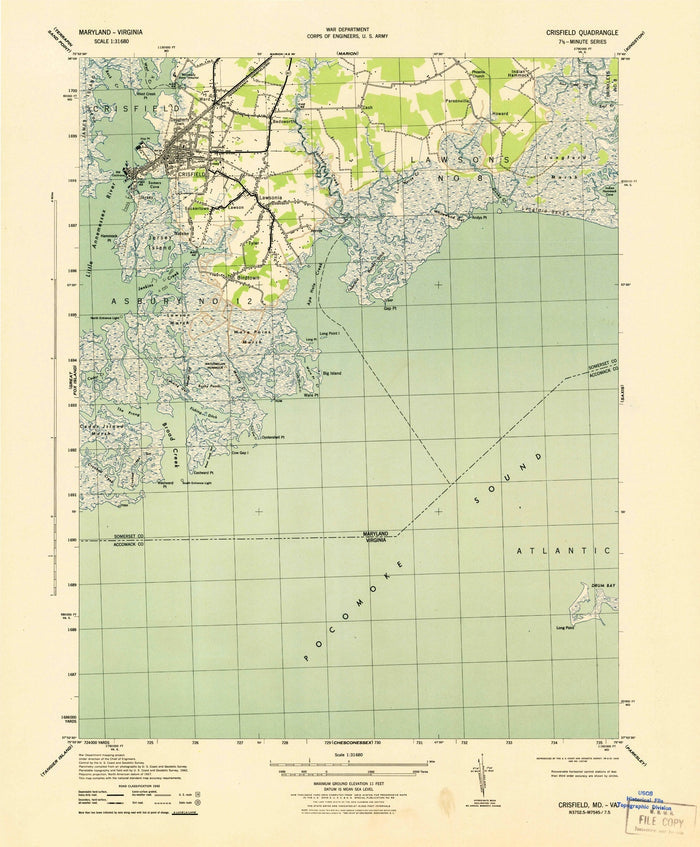 Old Map of Crisfield, Maryland by USGS, 1943 – Pocomoke Sound & Assateague Island