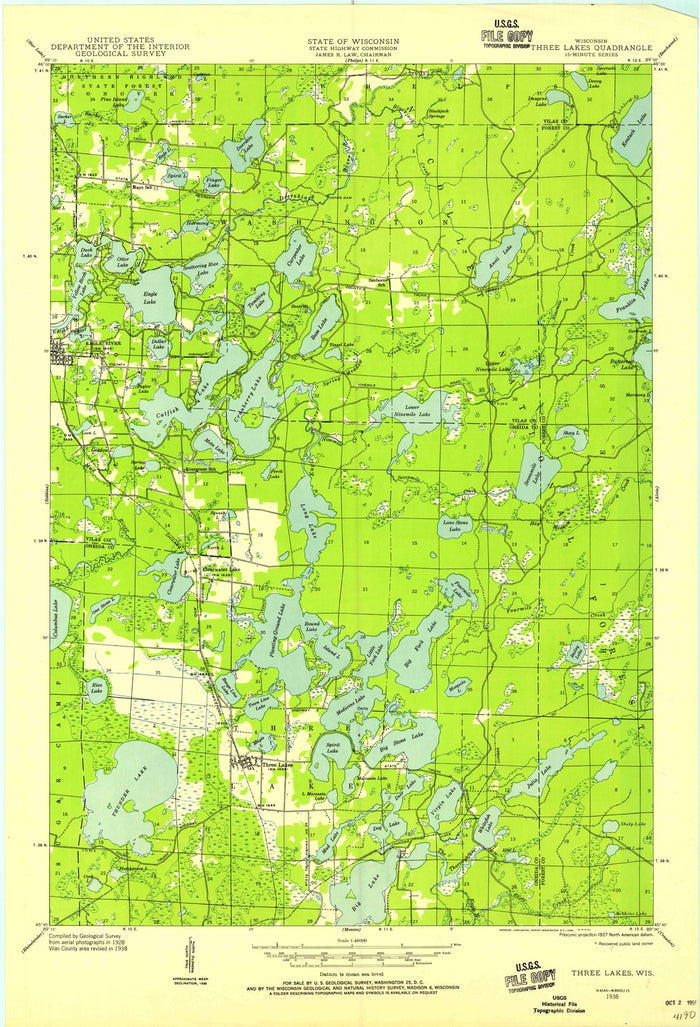 Old Map of Eagle River, Wisconsin by USGS, 1938 – Three Lakes, Otter Lake & Vilas County