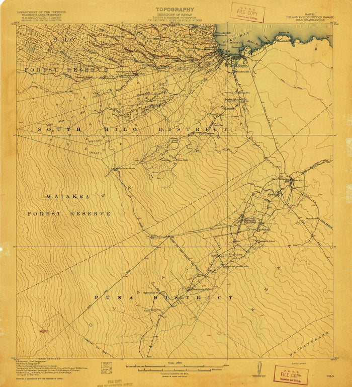 Old Map of Hilo, Hawaii by USGS, 1917 – Hilo Bay & Waiakea Forest Reserve