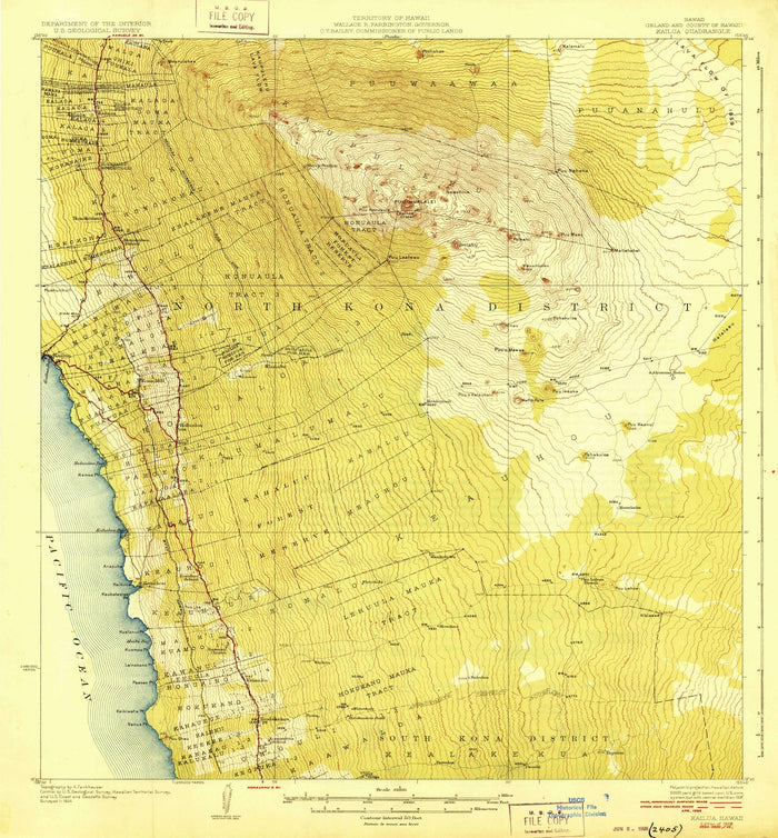 Old Map of Kailua-Kona, Hawaii by USGS, 1928 – Kailua Bay, Hualālai Volcano & Kealakekua Bay