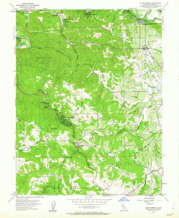 Old Map of Occidental, California by USGS, 1954 – Camp Meeker, Russian River & Bohemian Grove
