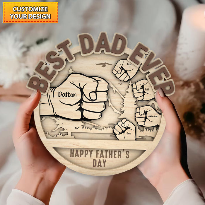 Personalized Dad And Kid Hands Fist Bump Mountain Sign Wood Plaque, Gift For Dad
