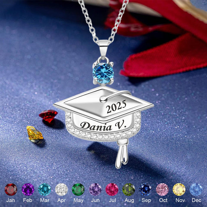 Personalized Graduation Cap Birthstone Necklace with Engraved Name and Year
