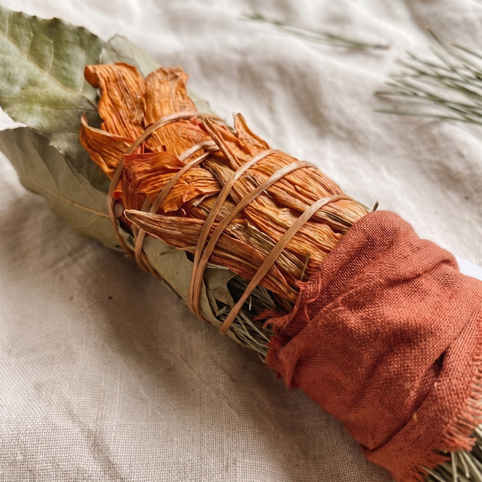 Piñon Pine Bay Leaves Smoke Cleansing Bundle, styled at home