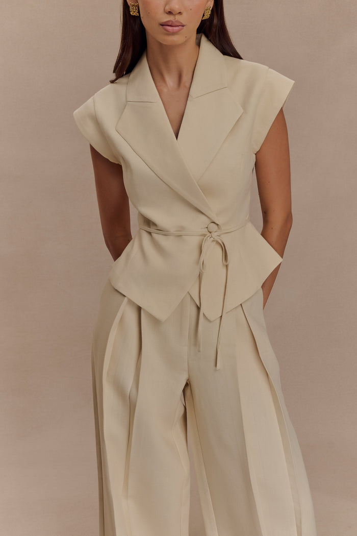 Raya Mid Rise Wide Leg Linen Pant - Natural Beige