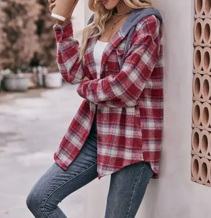 RED FLANNEL CHECKED HOODED JACKET