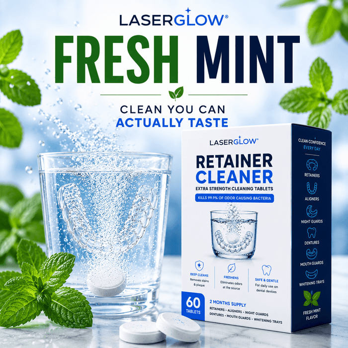 LaserGlow fresh mint retainer cleaner tablets shown with mint leaves, bubbling water, clear retainer, and 60 count cleaning tablet box.