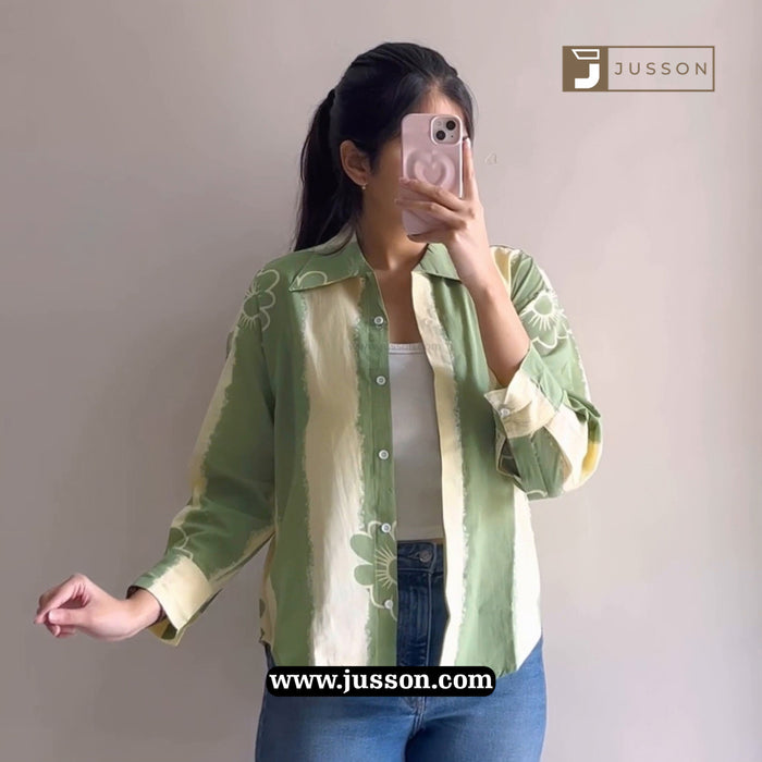 Sage Green Floral Printed Oversized Button Down Shirt