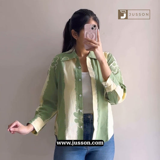 Sage Green Floral Printed Oversized Button Down Shirt