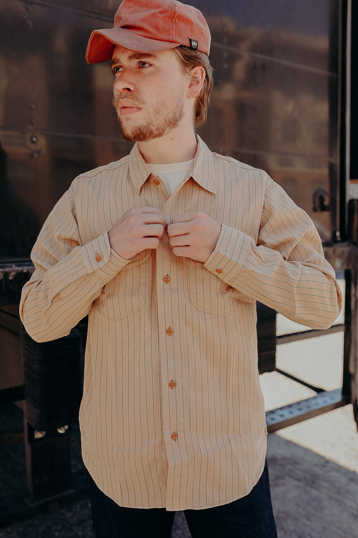 SC28652 Sugar Cane Coke Stripe Long Sleeve Work Shirt Beige