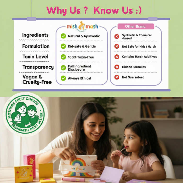 Comparison chart between mish mash and other brands with a woman and child interacting, featuring mish mash logo and certification.