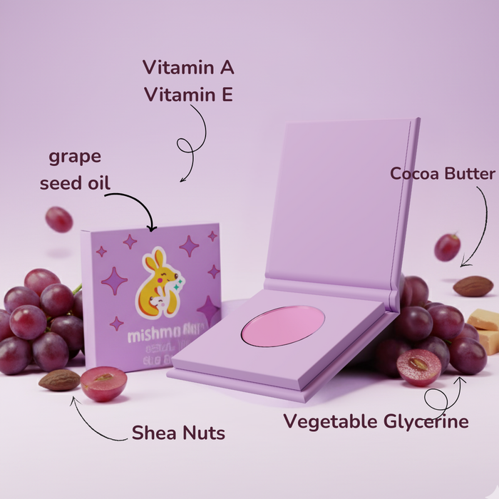 Purple makeup compact with ingredients labeled on a purple background
