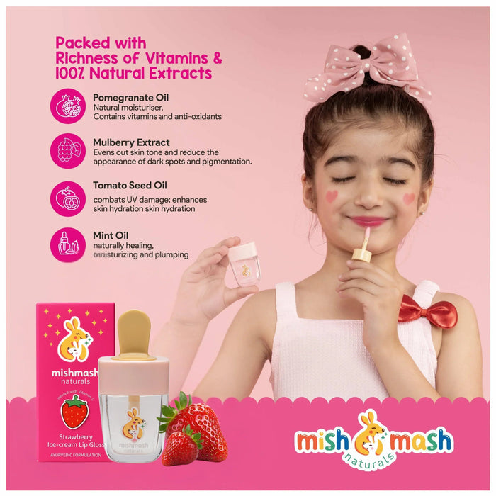 Advertisement for mishmash naturals lip balm with a child holding the product against a pink background.