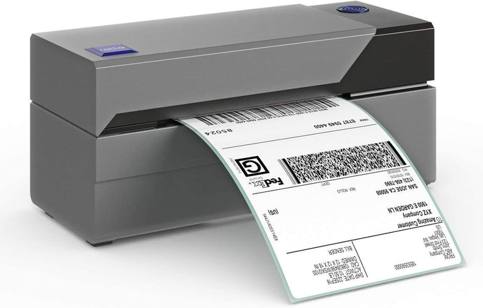 Compact gray label printer printing a FedEx shipping label for Iron Shop Provisions