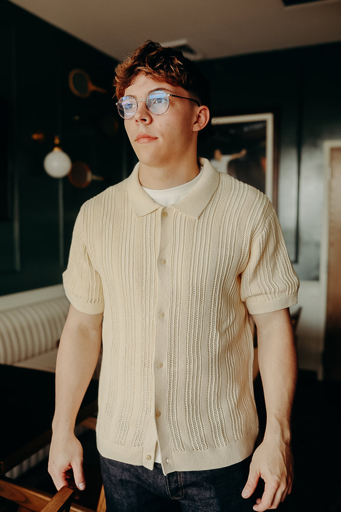 Short Sleeve Knit Shirt- Ecru Mesh Stripe
