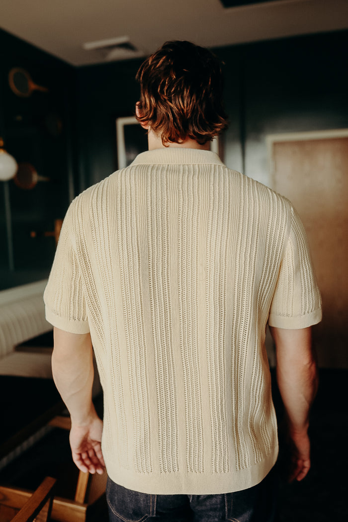 Short Sleeve Knit Shirt- Ecru Mesh Stripe