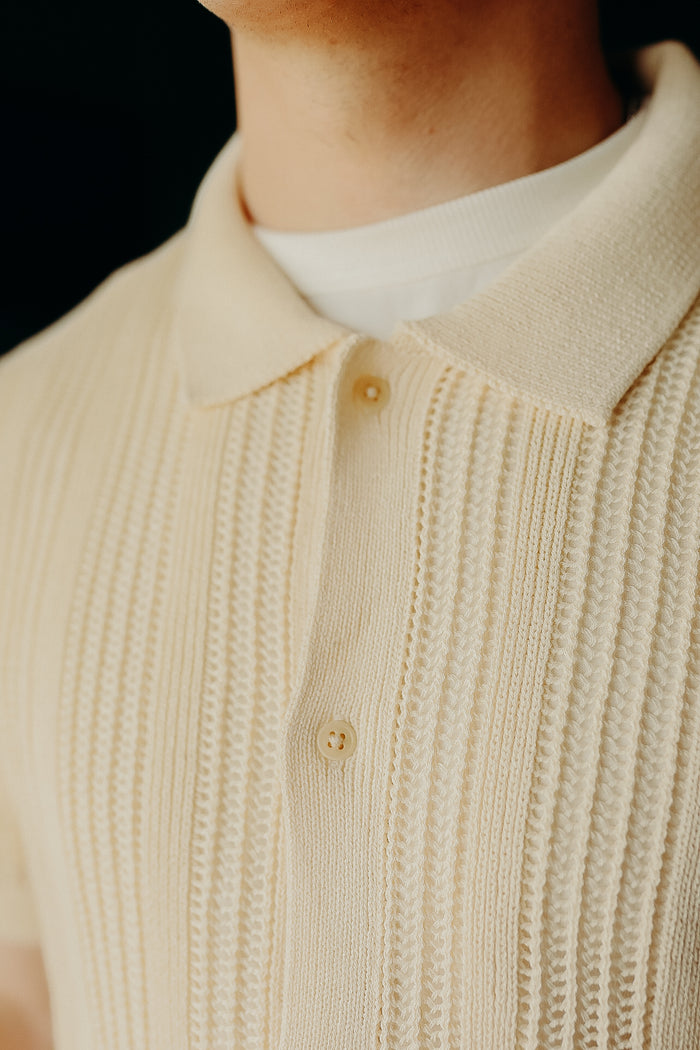 Short Sleeve Knit Shirt- Ecru Mesh Stripe