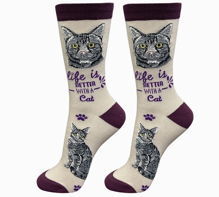 Silver Tabby Cat - Life is Better Socks - Premium Socks from Sock Daddy - Just $10.95! Shop now at Pat's Monograms