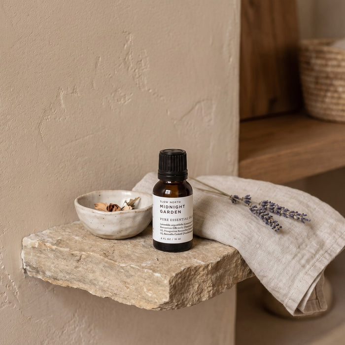 Slow North Essential Oil, Midnight Garden, styled at home