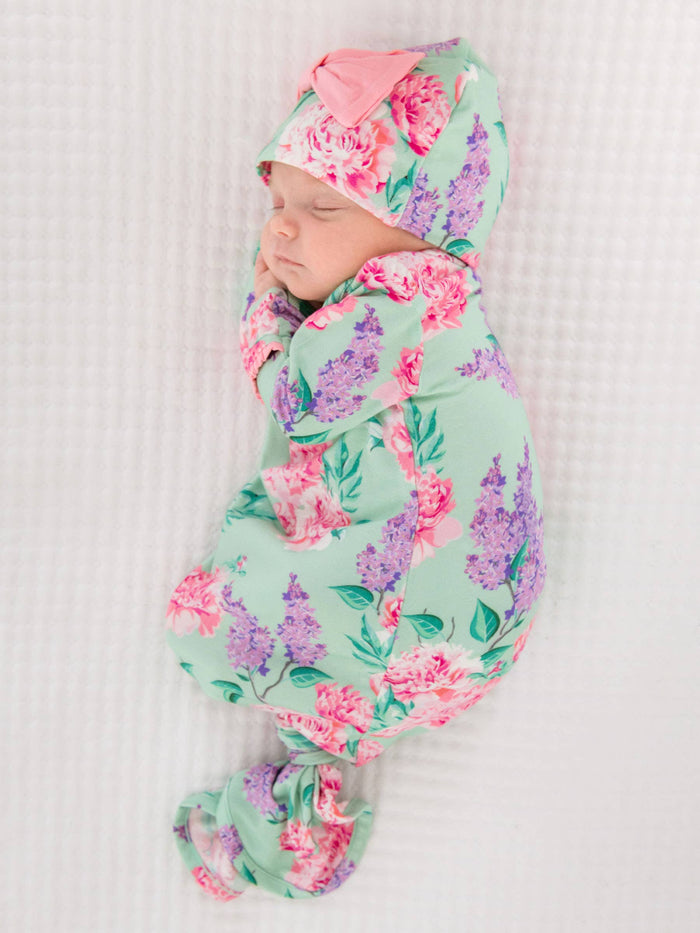 SoftSnooze™ Baby Girls Bamboo Viscose Sage Garden Ruffle Knotted Sleep Gown & Bow Hat Set - Premium Baby Sleepwear from RuffleButts + RuggedButts - Just $42.95! Shop now at Pat's Monograms