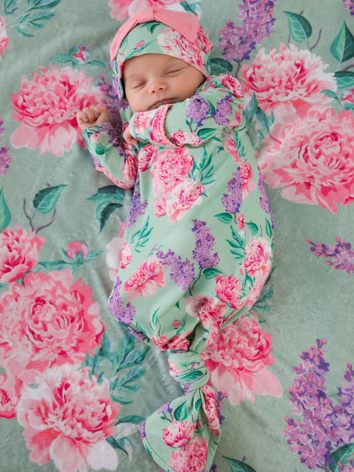 SoftSnooze™ Baby Girls Bamboo Viscose Sage Garden Ruffle Knotted Sleep Gown & Bow Hat Set - Premium Baby Sleepwear from RuffleButts + RuggedButts - Just $42.95! Shop now at Pat's Monograms