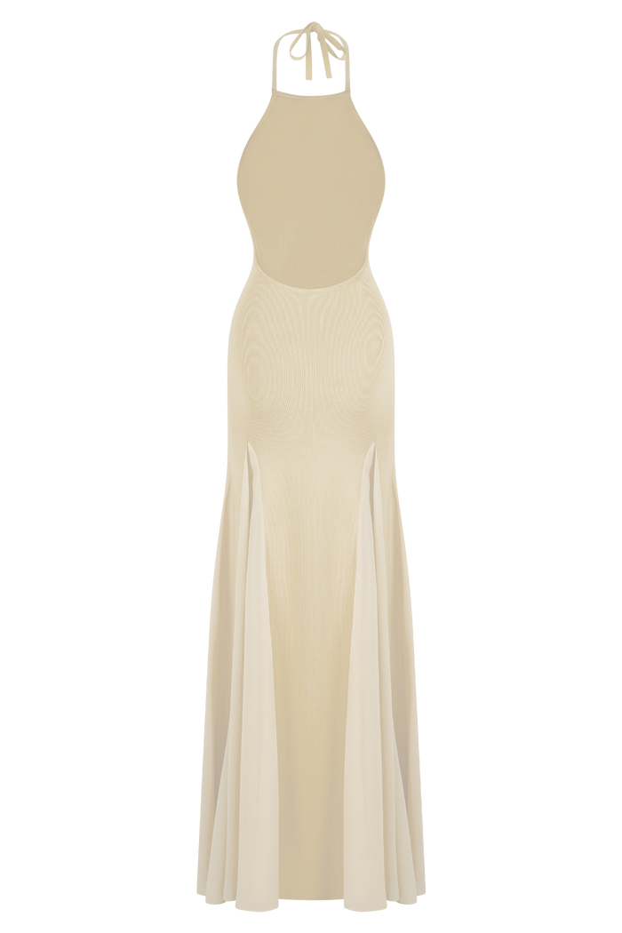 Soleil Knit And Mesh Halter Maxi Dress - Cream