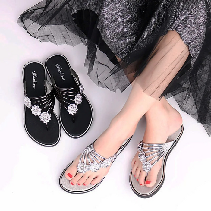 Strappy Women's Sandals – Elegant Floral Rhinestone Accents & All-Day Comfort