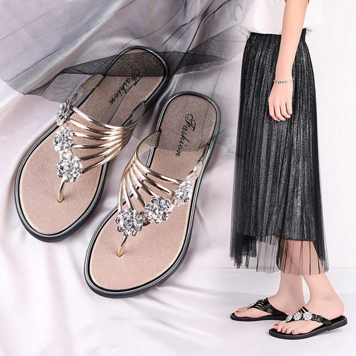 Strappy Women's Sandals – Elegant Floral Rhinestone Accents & All-Day Comfort