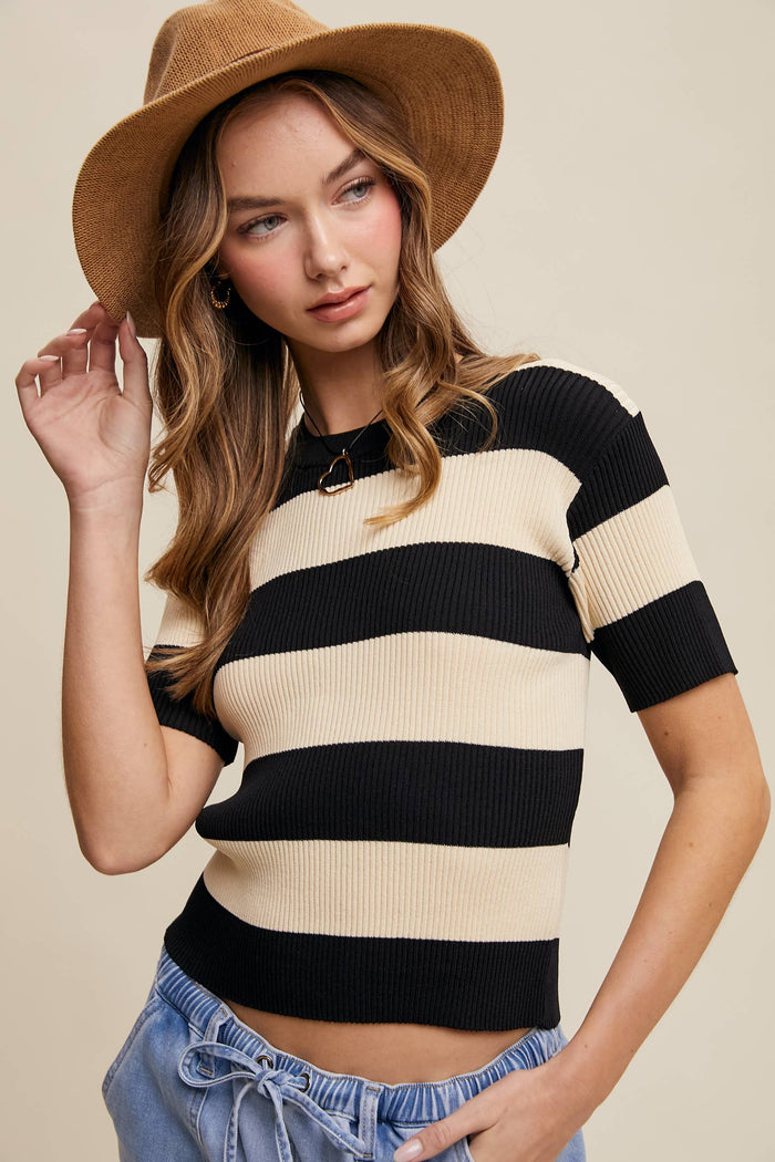 STRIPED RIBBED LIGHT WEIGHT KNIT SWEATER TOP