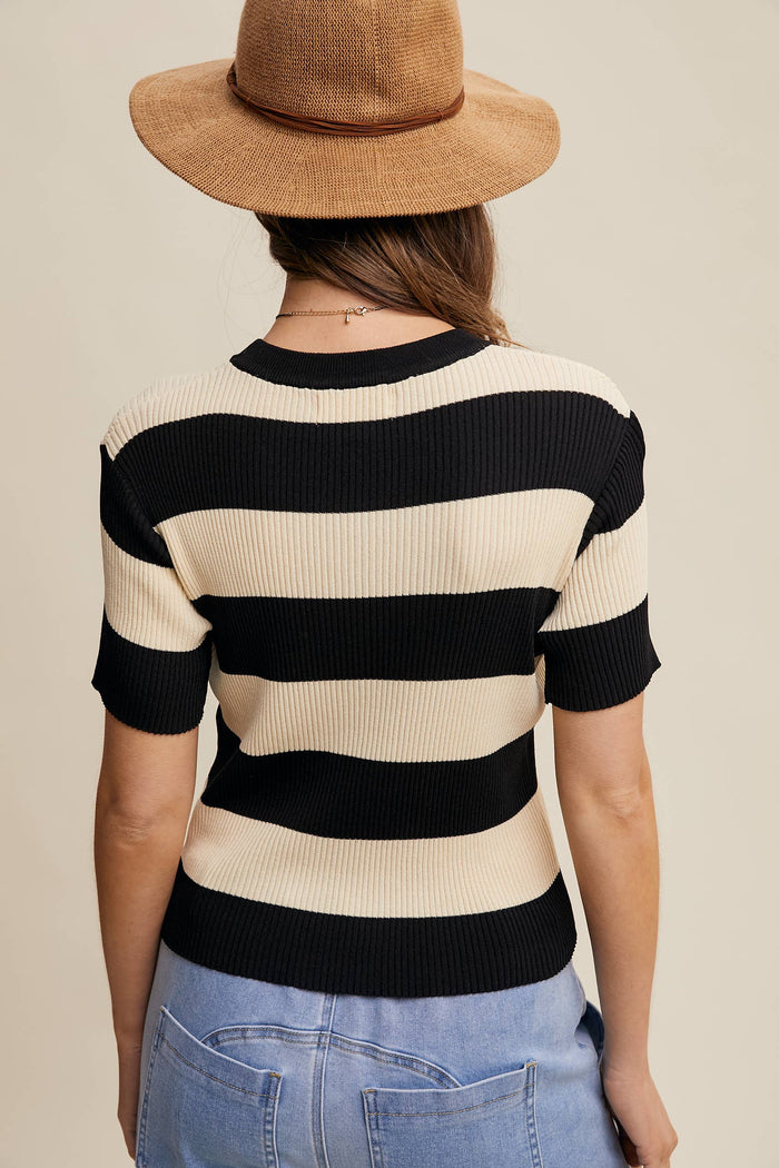 STRIPED RIBBED LIGHT WEIGHT KNIT SWEATER TOP