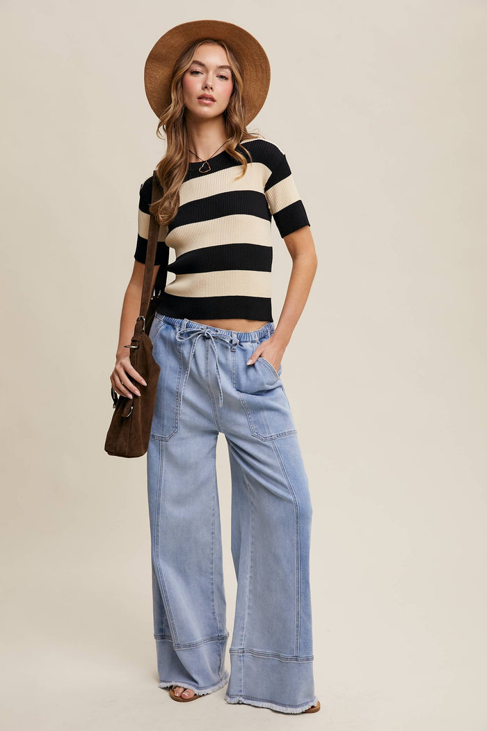 STRIPED RIBBED LIGHT WEIGHT KNIT SWEATER TOP