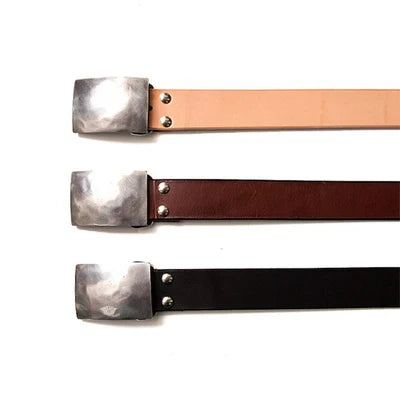 Three leather belts in natural, brown, and black with hammered metal buckle, Iron Shop Provisions