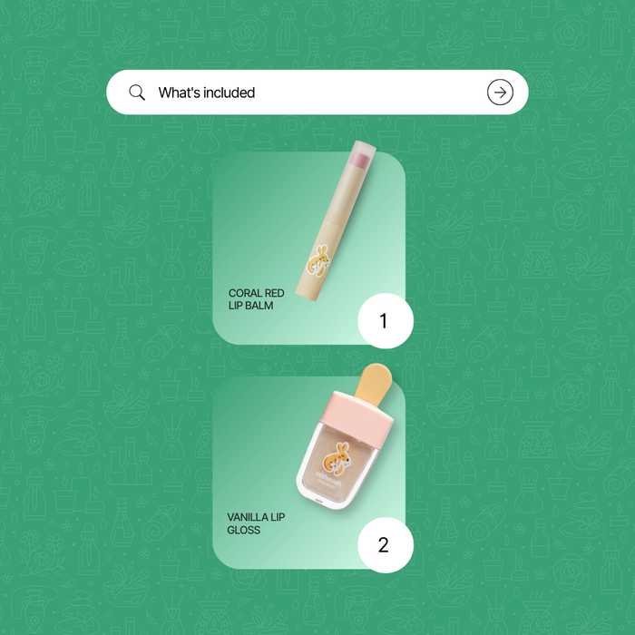 Two lip products on a green background with a search bar above them.