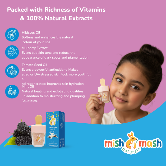 Product advertisement for mish & mash naturals with a girl holding a bottle and text about ingredients on a pink and blue background.