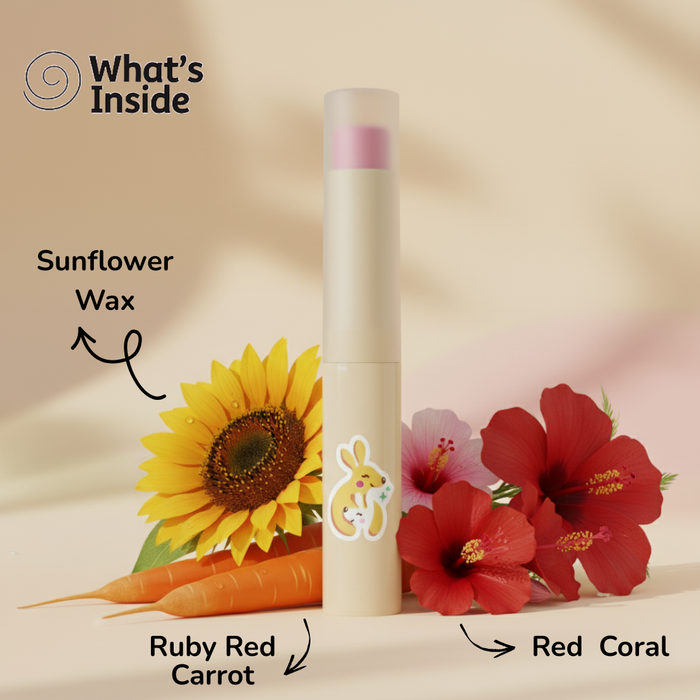Product with sunflower, carrot, and red coral labeled on a beige background