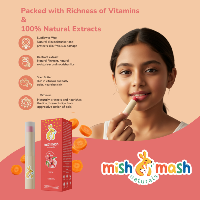 Advertisement for mishmash naturals lip balm with a girl using it, showing product and brand details.