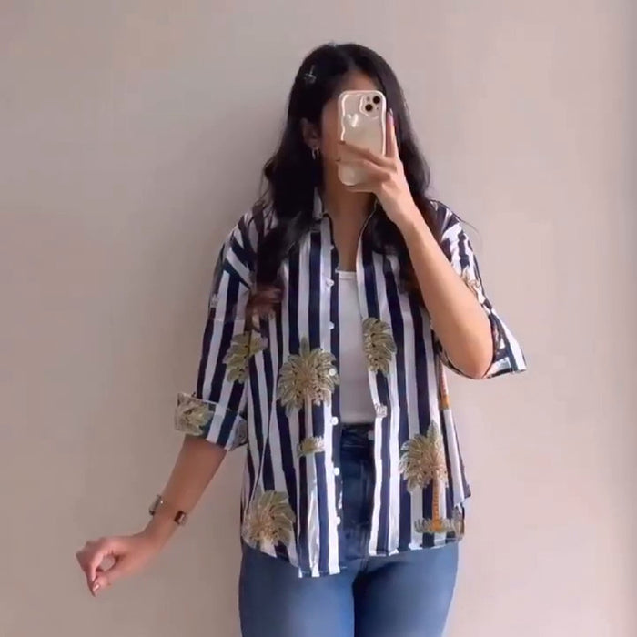 Tropical Palm Striped Printed Button Down Shirt