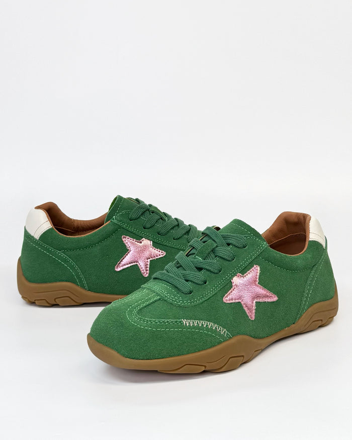 Alfie & Evie Truce Women's Lace-up Sneaker Green Suede with Pink Star | Women's Shoes | Gretel Lane