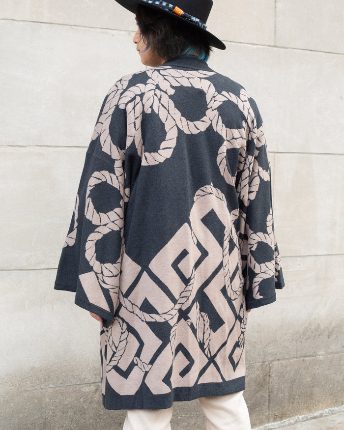 Wa-Modern, Cardigan Robe, Charcoal with Beige Nawa