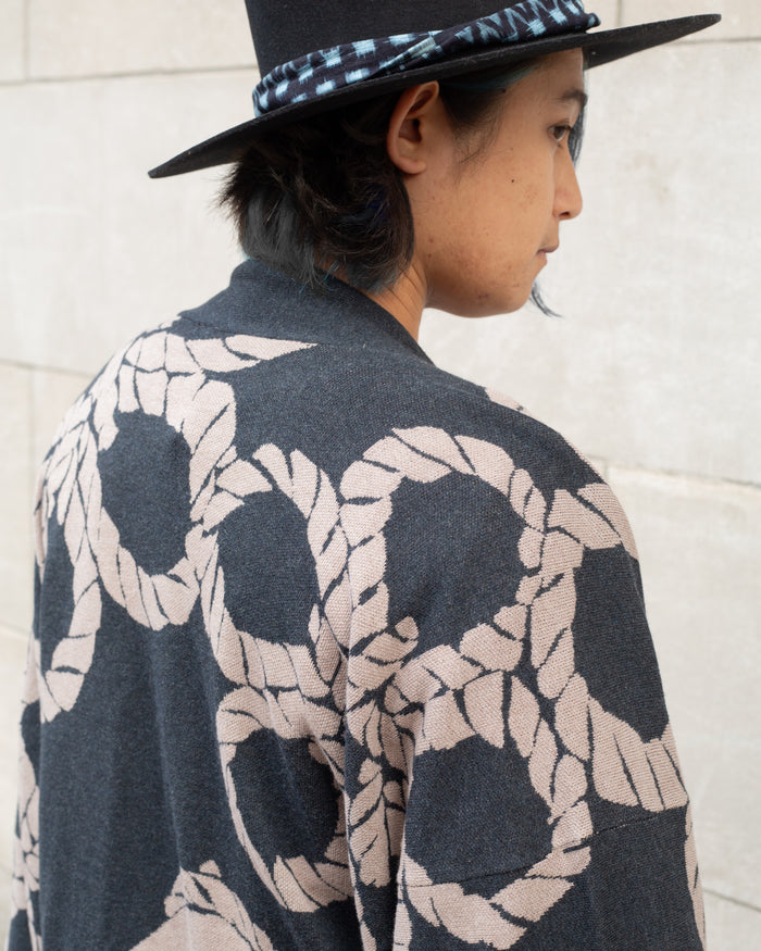 Wa-Modern, Cardigan Robe, Charcoal with Beige Nawa