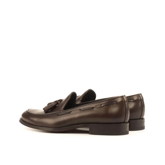 Dark brown Wachiwi loafers with leather tassels, luxury bespoke shoes for men