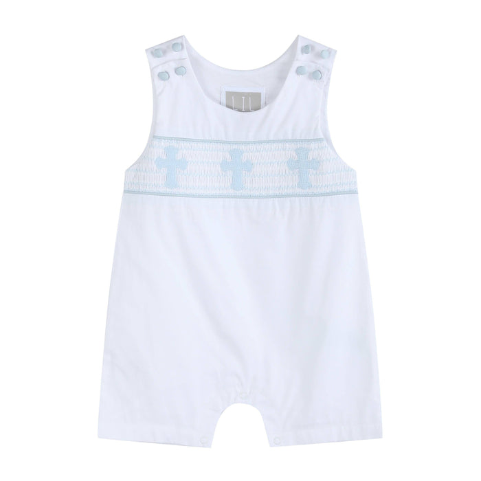 White and Blue Holy Crosses Smocked Overalls - Premium Baby & Toddler Outfits from Lil Cactus - Just $38.95! Shop now at Pat's Monograms