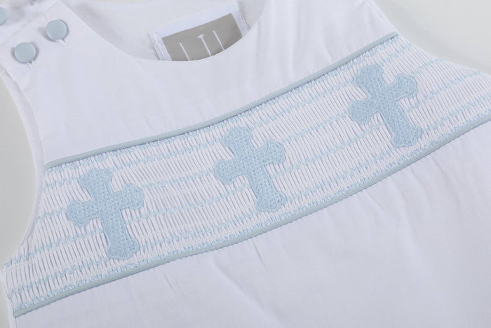 White and Blue Holy Crosses Smocked Overalls - Premium Baby & Toddler Outfits from Lil Cactus - Just $38.95! Shop now at Pat's Monograms