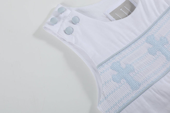 White and Blue Holy Crosses Smocked Overalls - Premium Baby & Toddler Outfits from Lil Cactus - Just $38.95! Shop now at Pat's Monograms