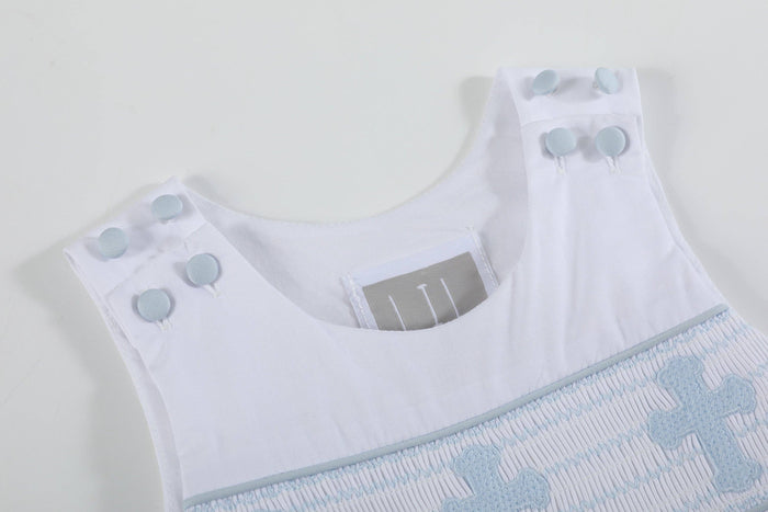 White and Blue Holy Crosses Smocked Overalls - Premium Baby & Toddler Outfits from Lil Cactus - Just $38.95! Shop now at Pat's Monograms