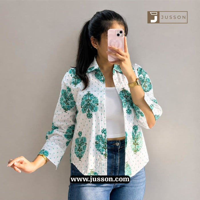 White And Green Floral Printed Oversized Shirt