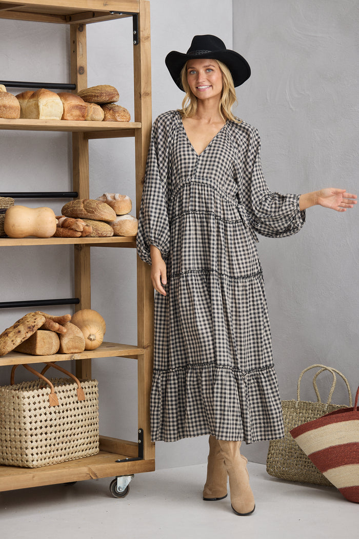 Wing and a Prayer Maxi Dress (Natural w Black Check)